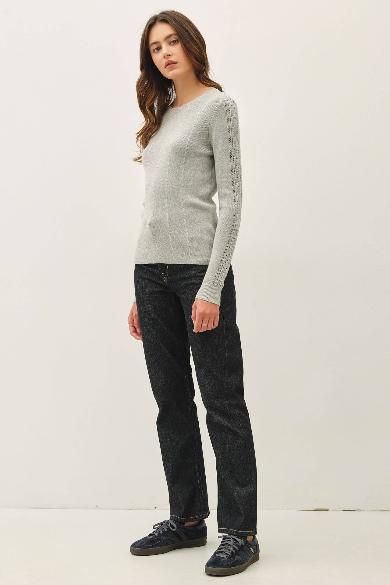 Be Cool - CROCHET SLEEVE POINTELLE FINE SWEATER