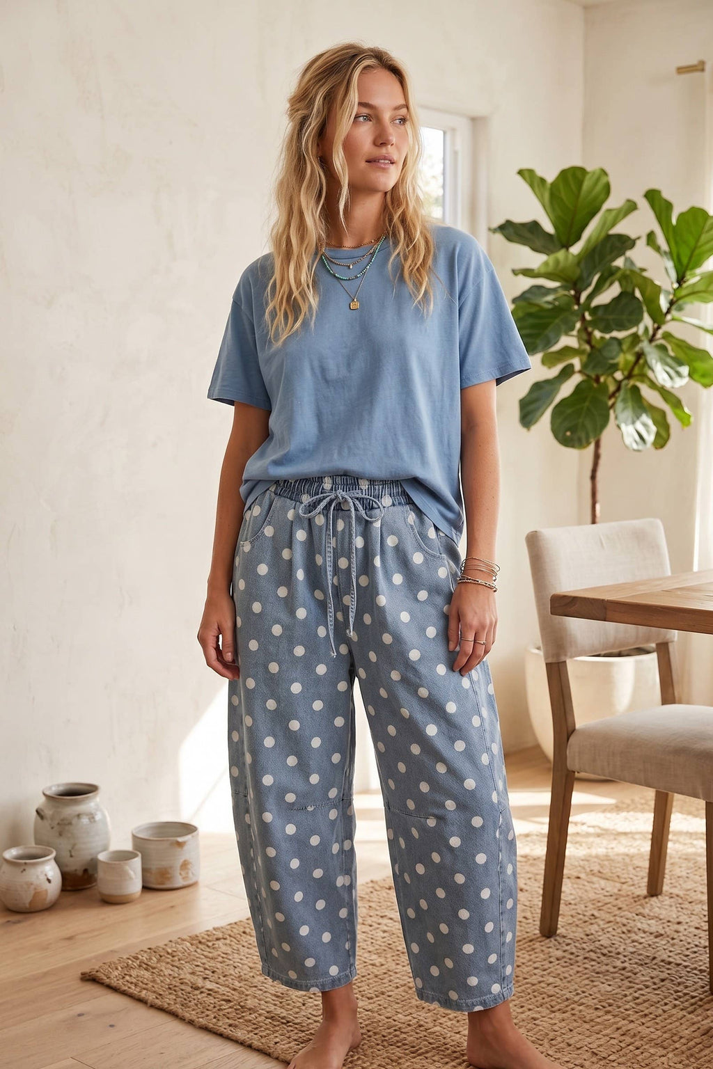 Polka Dot Denim Barrel Pants