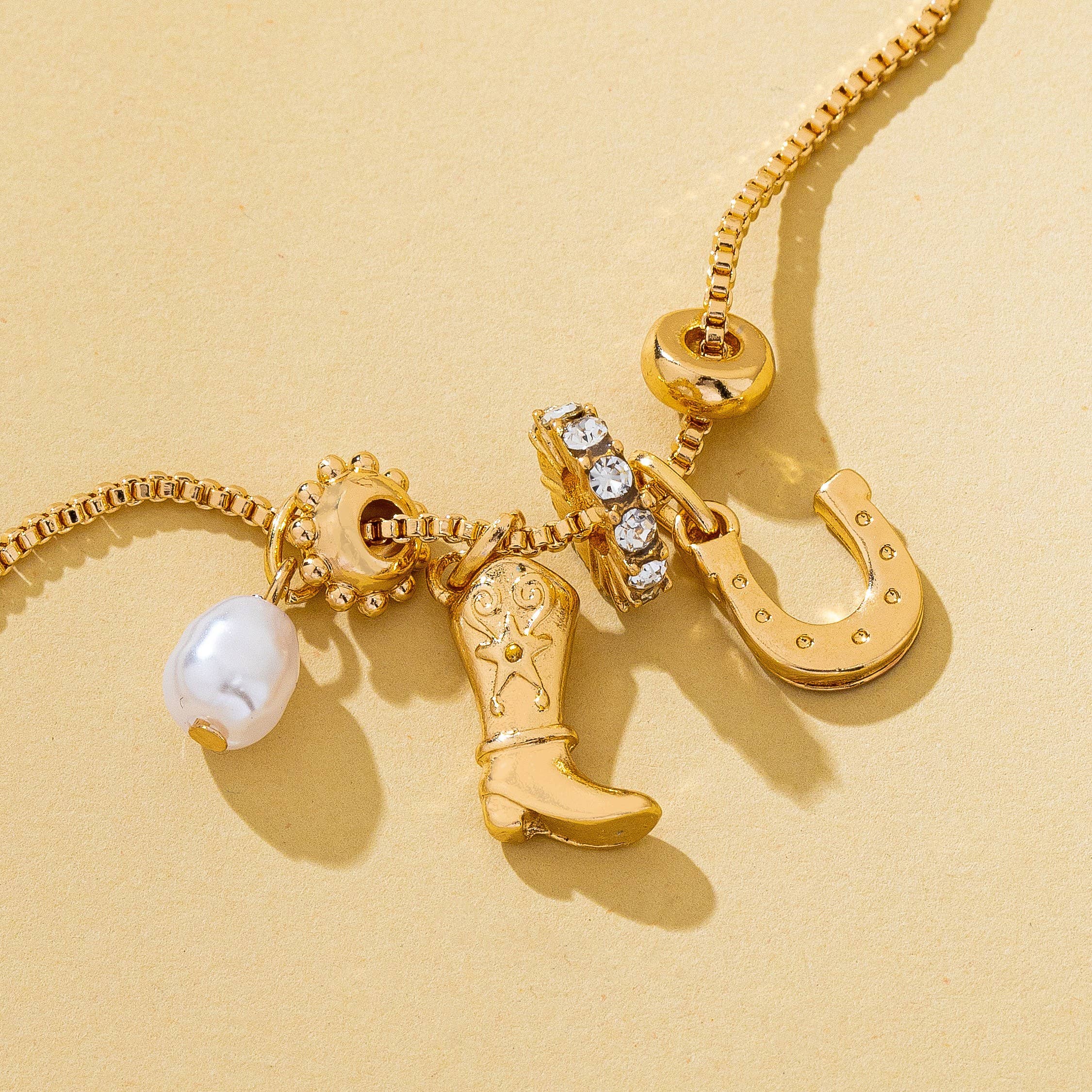 Western Boot Horseshoe Pearl Charm Necklace