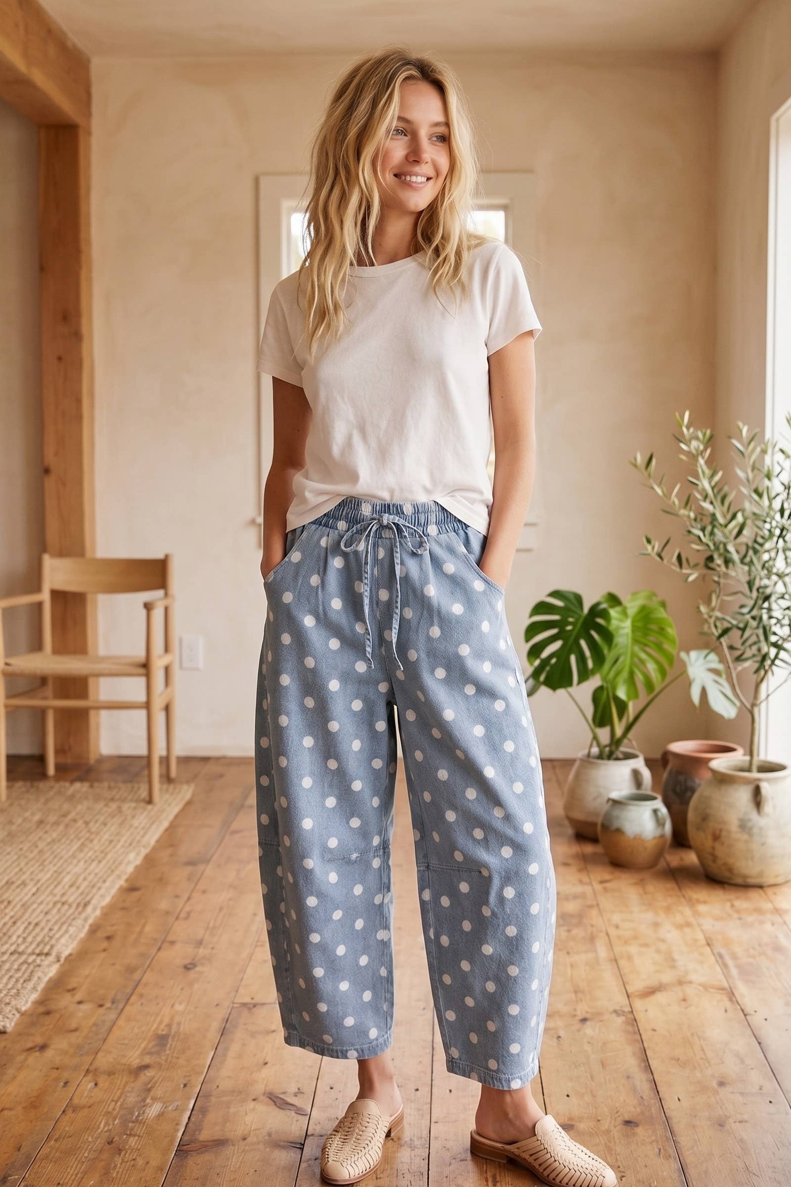 Polka Dot Denim Barrel Pants
