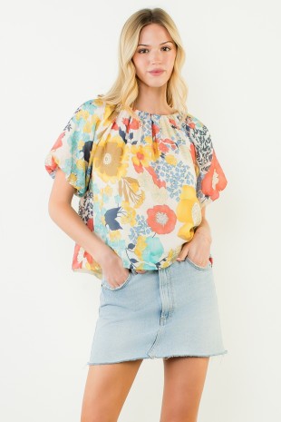 Floral Print Bubble Sleeve Top