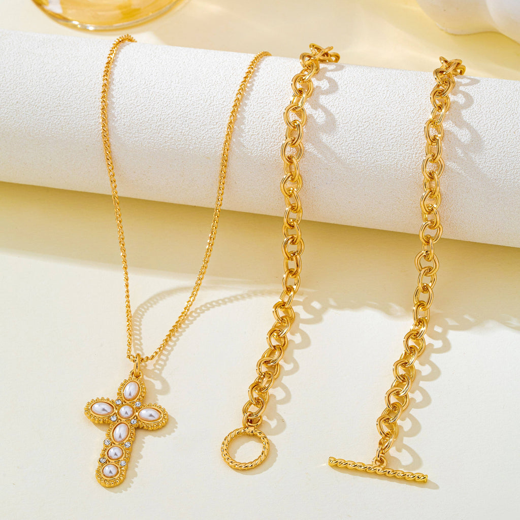 Gold-Tone Chain Pearl Cross  | 80N93780