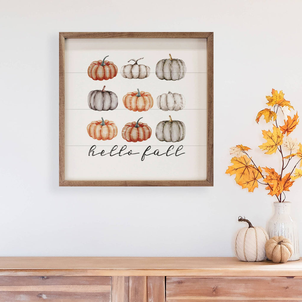 Hello Fall Orange And Gray Pumpkins White