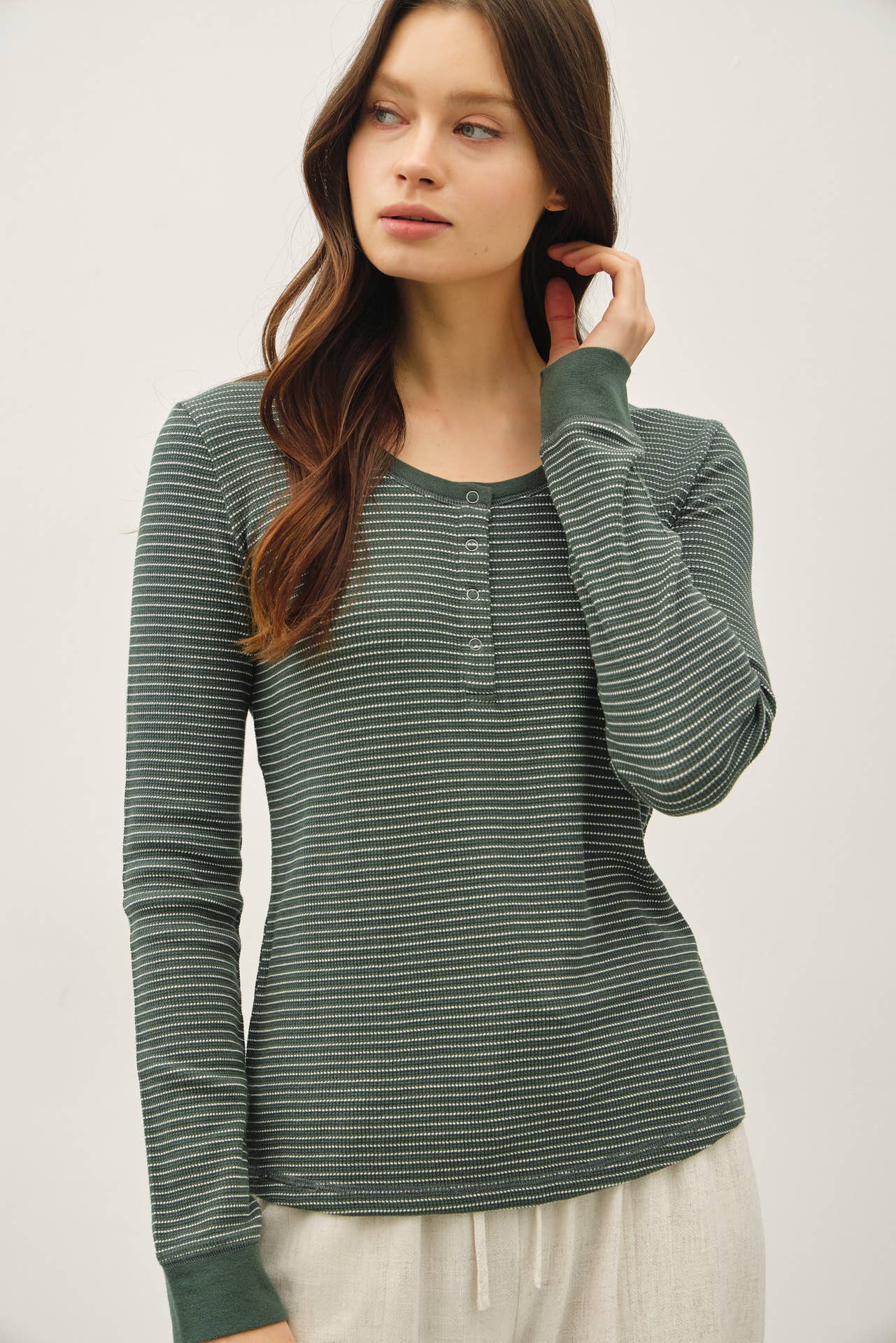 STITCHED THERMAL HENLEY NECK TOP