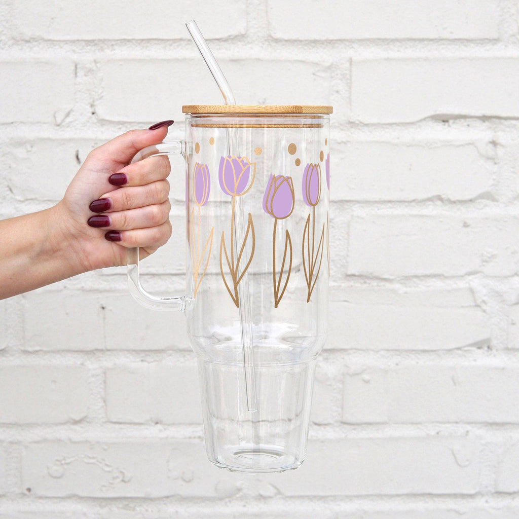 Sip-Sip Hooray! - Purple Tulips 40oz Glass Tumbler With Lid and Straw