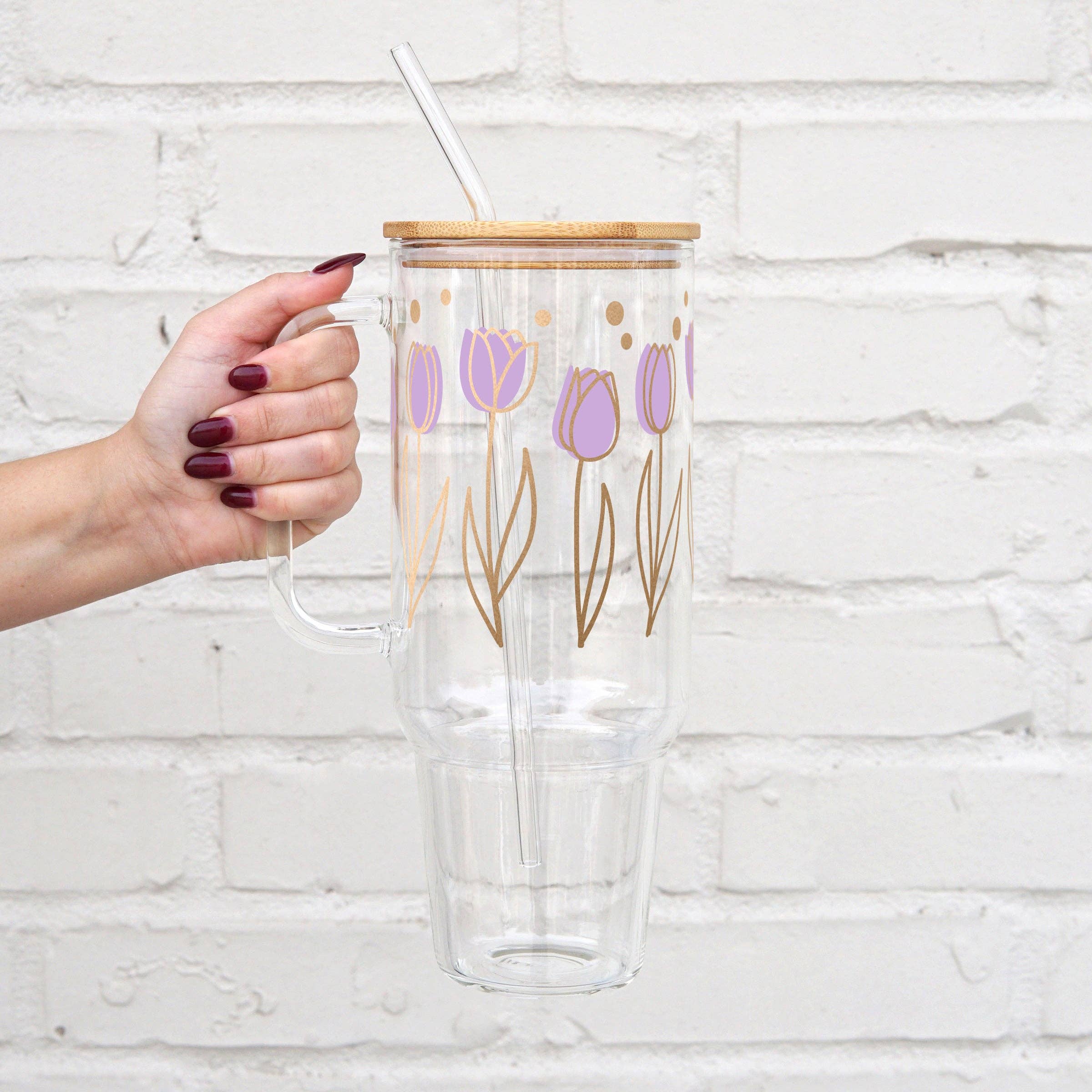 Sip-Sip Hooray! - Purple Tulips 40oz Glass Tumbler With Lid and Straw