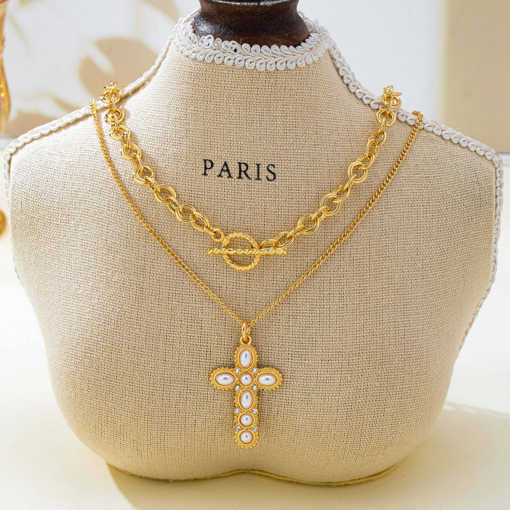 Gold-Tone Chain Pearl Cross  | 80N93780
