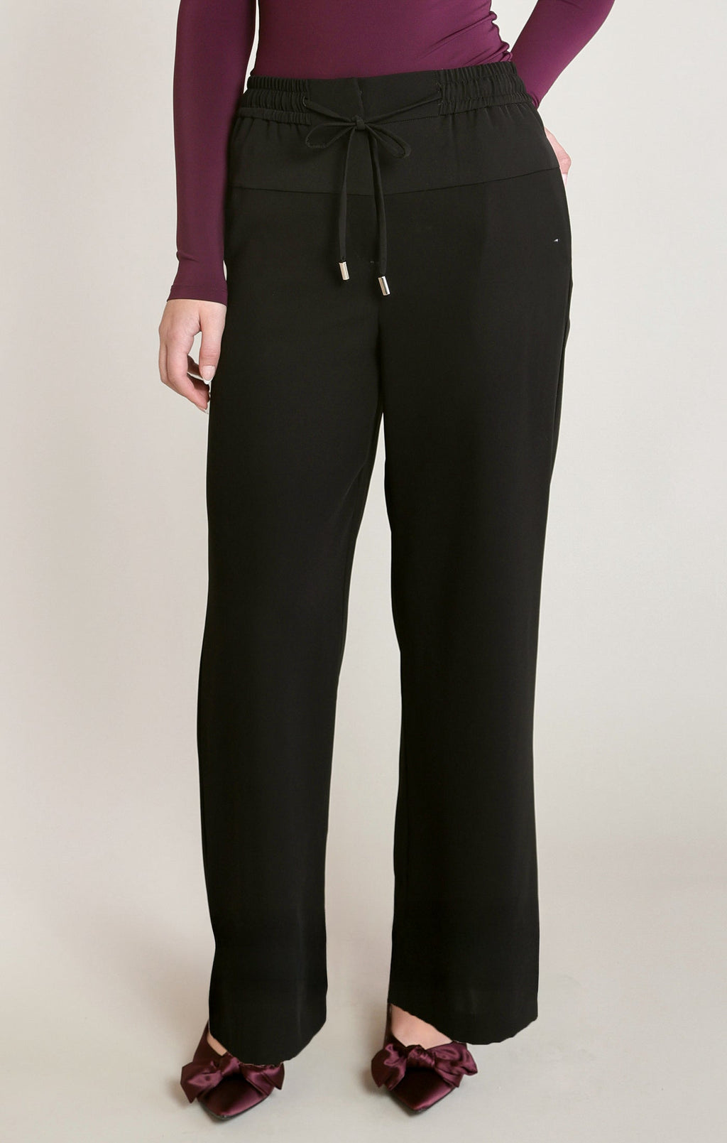 Black Satin Drawstring Wide Leg Pants in Black - front view
