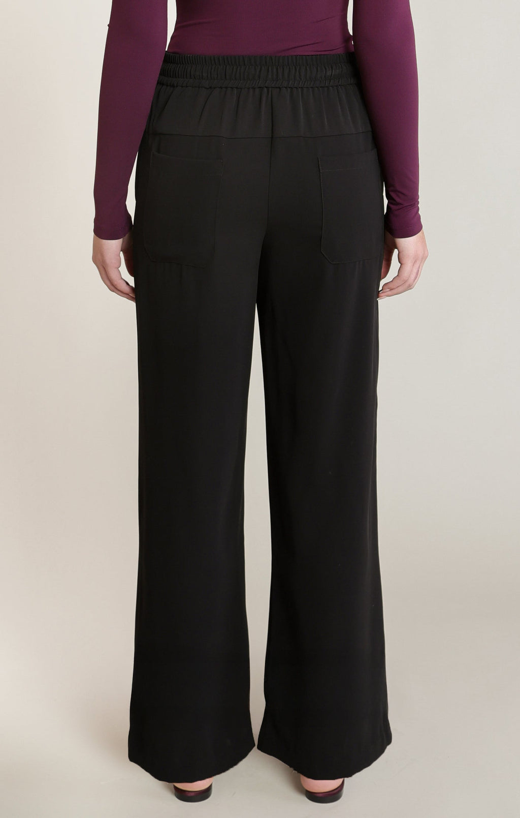 Black Satin Drawstring Wide Leg Pants in Black - alternate view
