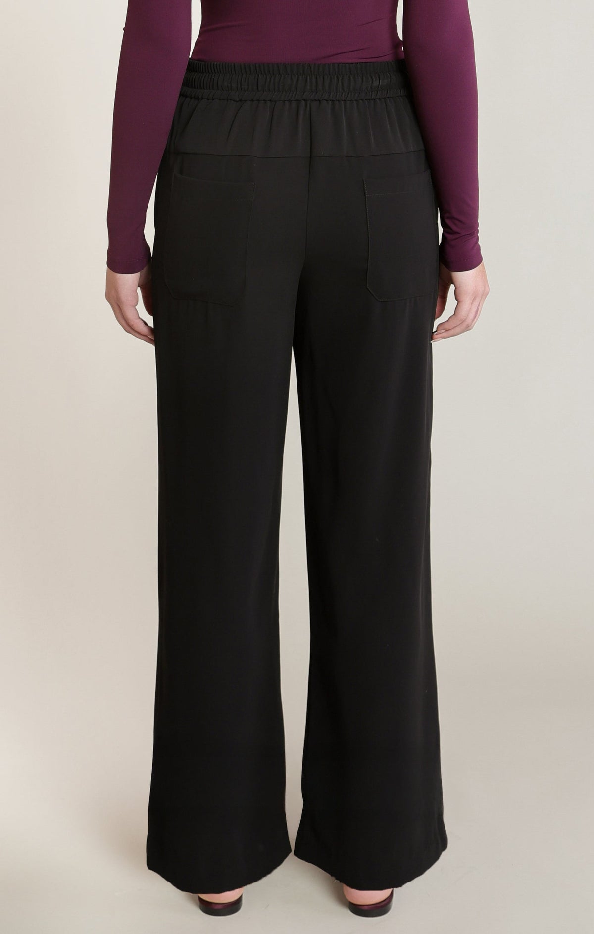 Black Satin Drawstring Wide Leg Pants in Black - alternate view
