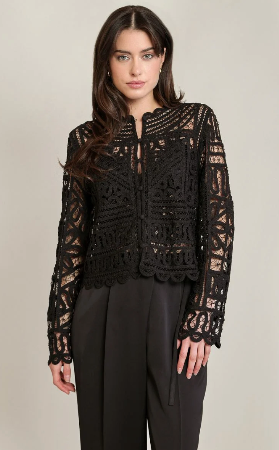 Black Lace Button Front Blouse in Black - front view