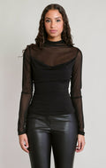 Black Sheer Cowl Neck Top in Black - front view