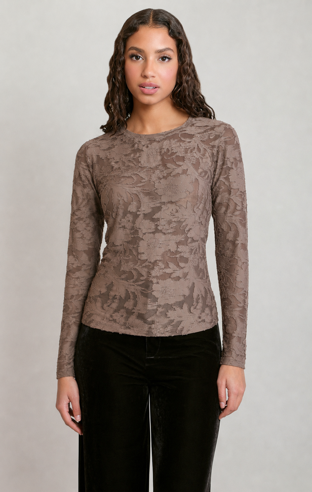 Dark Taupe Floral Long Sleeve Top in Dark Taupe - front view