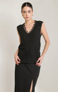 Glitter Black Lace Trim Sweater Tank in Glitter Black - front view