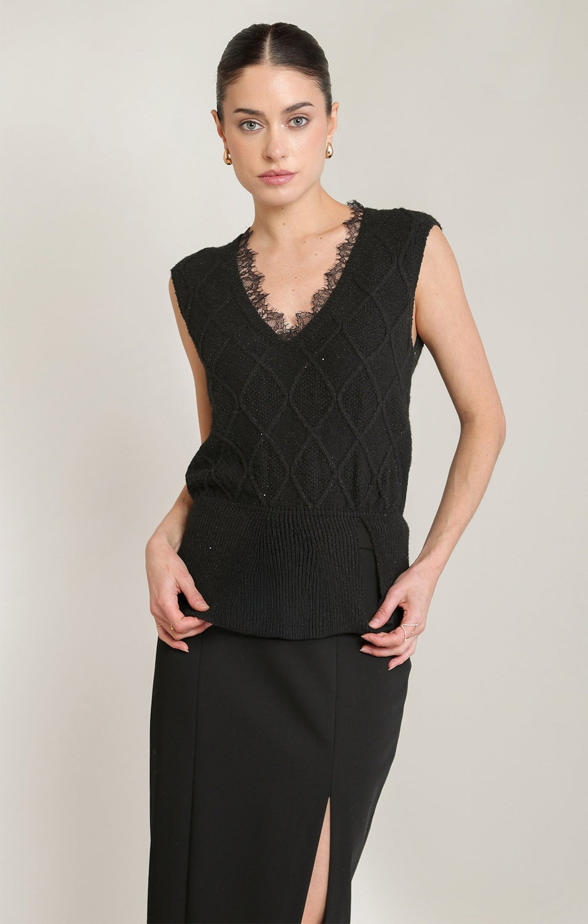 Glitter Black Lace Trim Sweater Tank in Glitter Black - front view