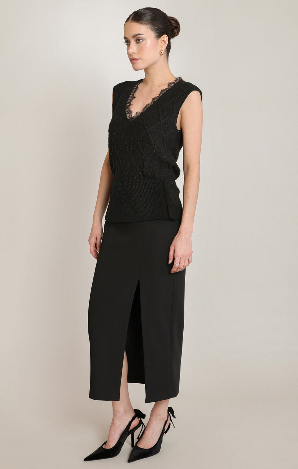Glitter Black Lace Trim Sweater Tank in Glitter Black - alternate view