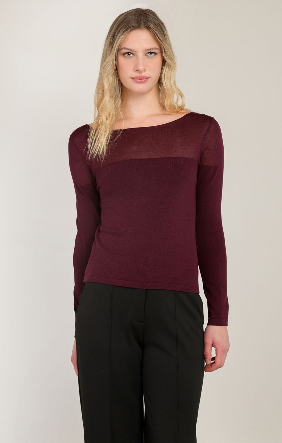 Plum Sheer Yoke Boat Neck Sweater in Plum - front view