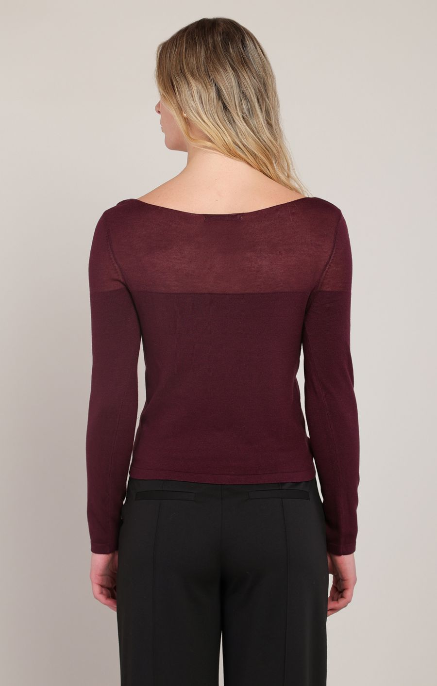 Plum Sheer Yoke Boat Neck Sweater in Plum - alternate view