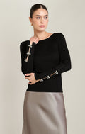 Black Crystal Bow Sleeve Sweater in Black - front view