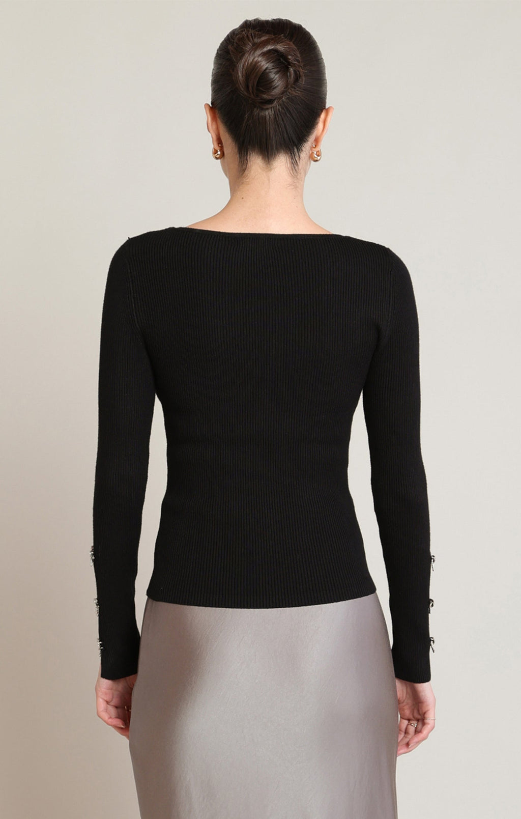 Black Crystal Bow Sleeve Sweater in Black - alternate view