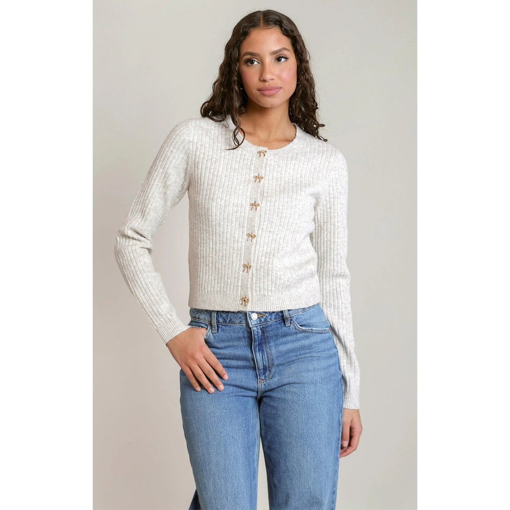 Ivory Bow Button Cropped Cardigan in Ivory/Oat Heather - front view