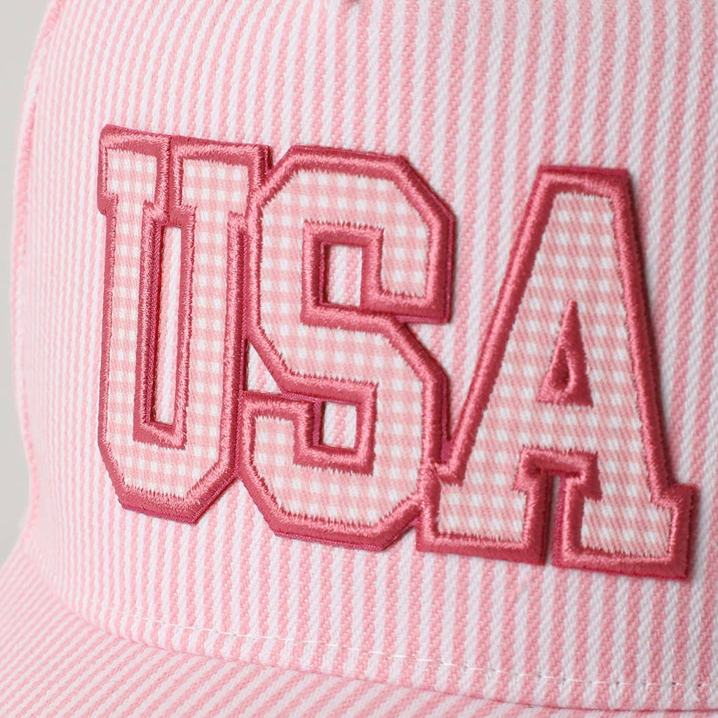 Fashion City - USA Embroidered Patch Gingham Stripe Trucker Hat
