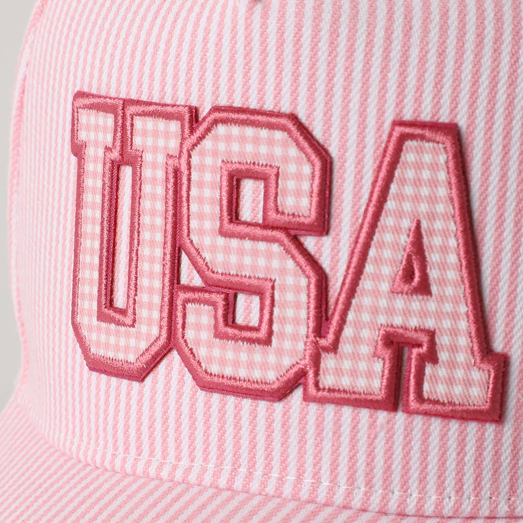 Fashion City - USA Embroidered Patch Gingham Stripe Trucker Hat