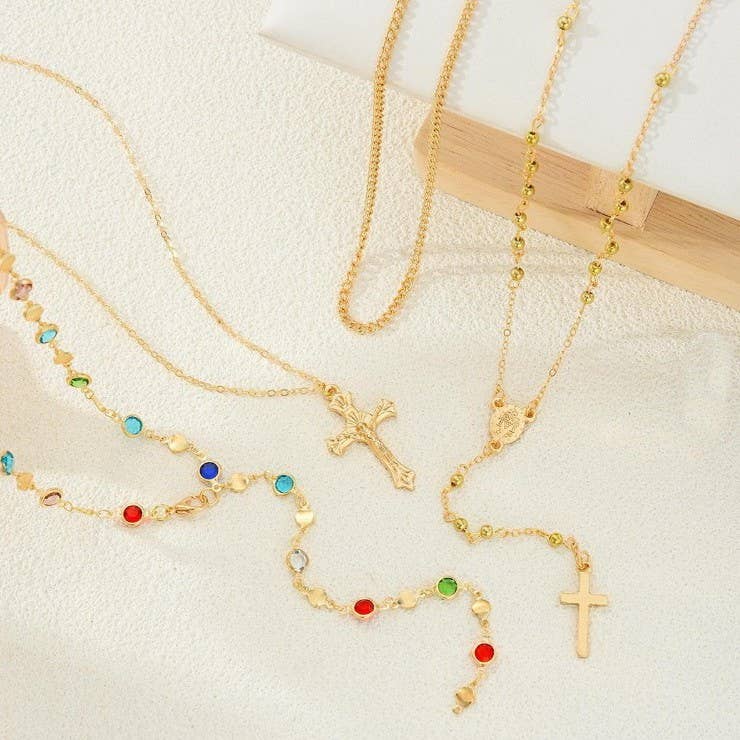 MULTI STONE CROSS LARIAT LAYER NECKLACE