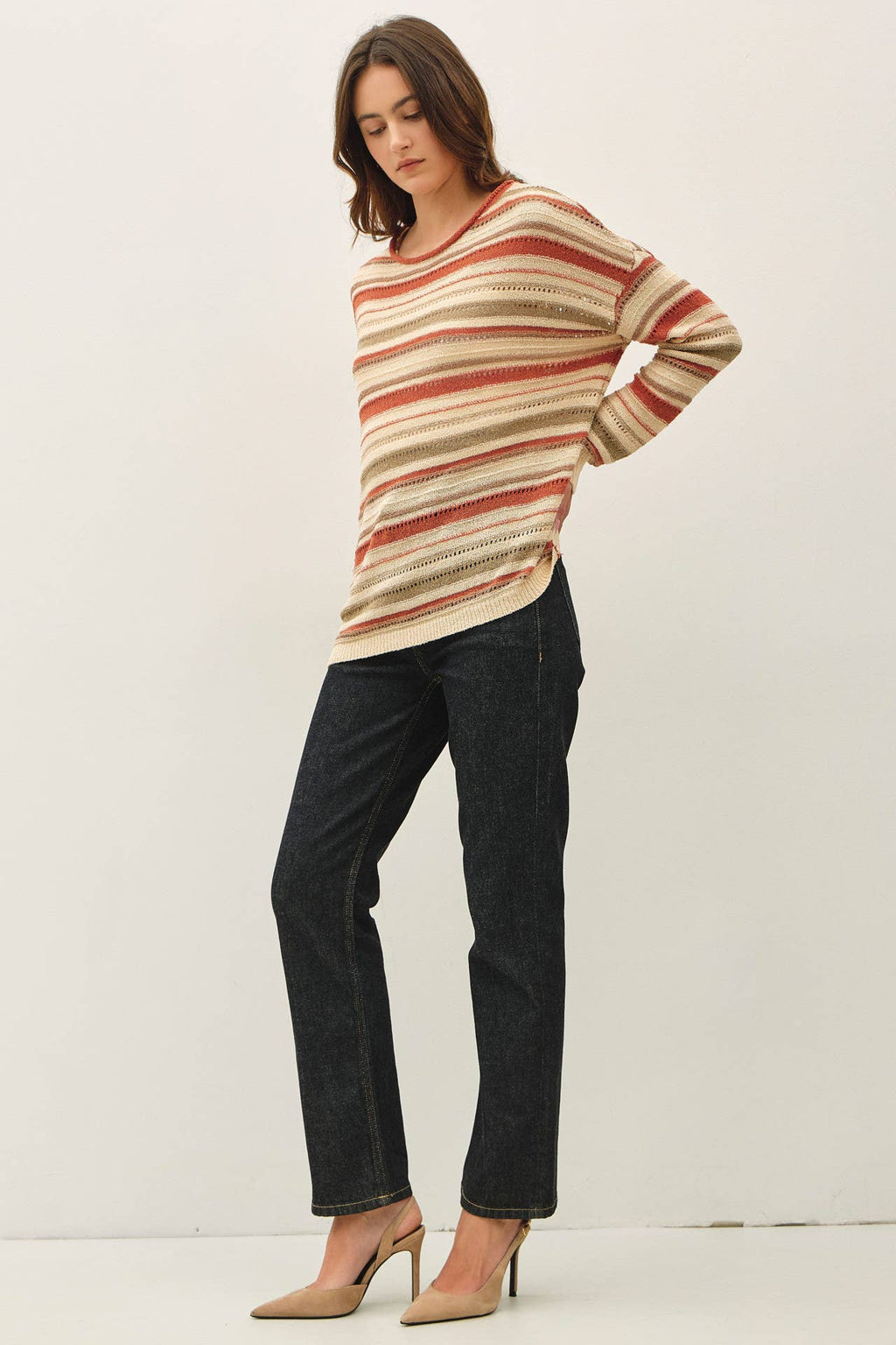 Be Cool - BREEZY KNIT MULTI STRIPED LONG SLEEVE SWEATER