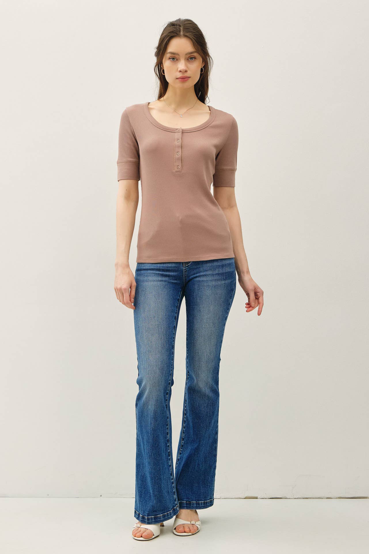 Be Cool - CLASSIC RIBBED COTTON SHORT SLEEVE HENLEY NECK TOP