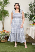 RUFFLE STRAP TIERED MIDI DRESS