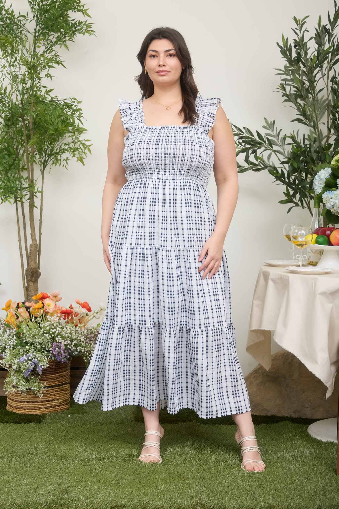RUFFLE STRAP TIERED MIDI DRESS