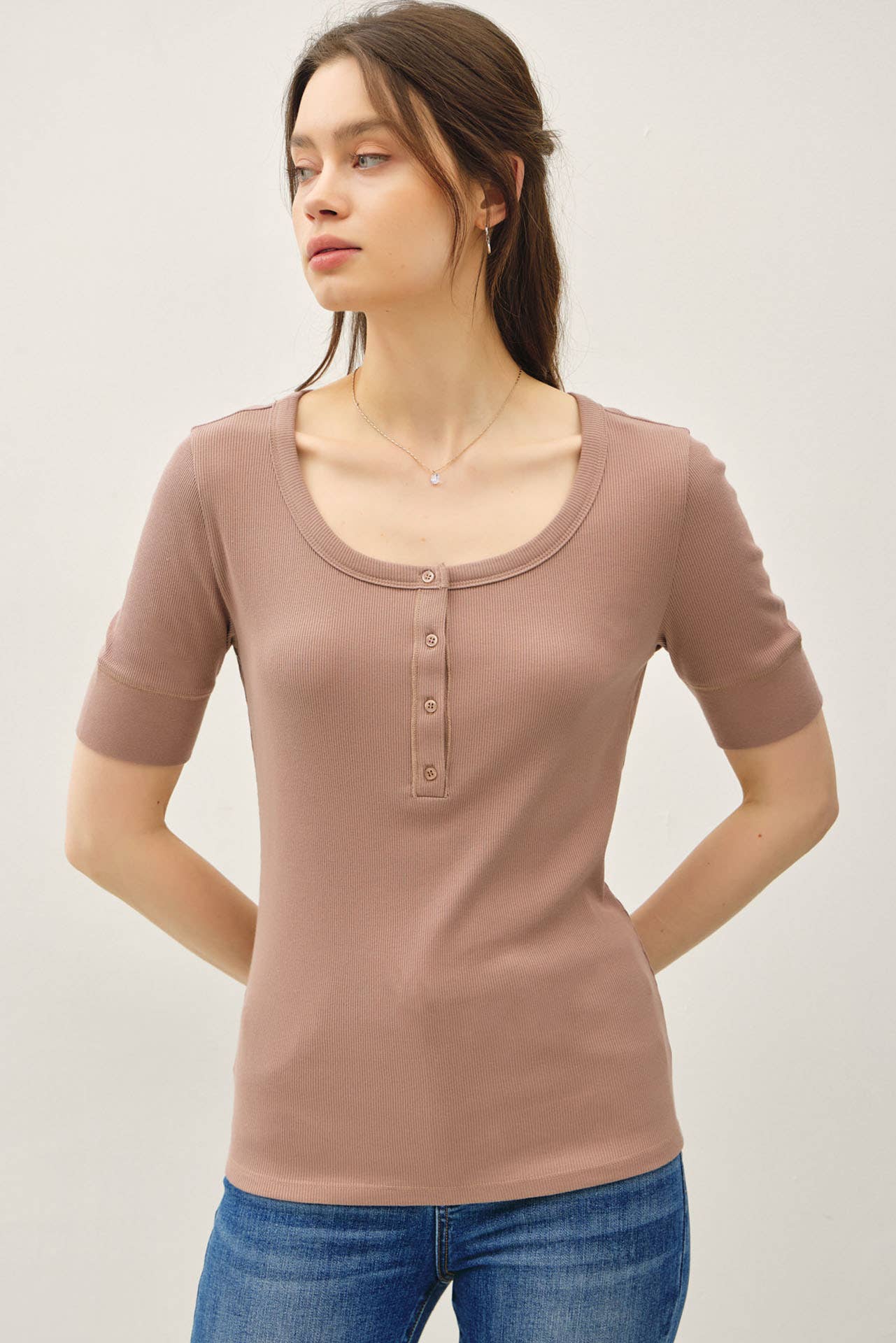 SHORT SLEEVE HENLEY NECK TOP