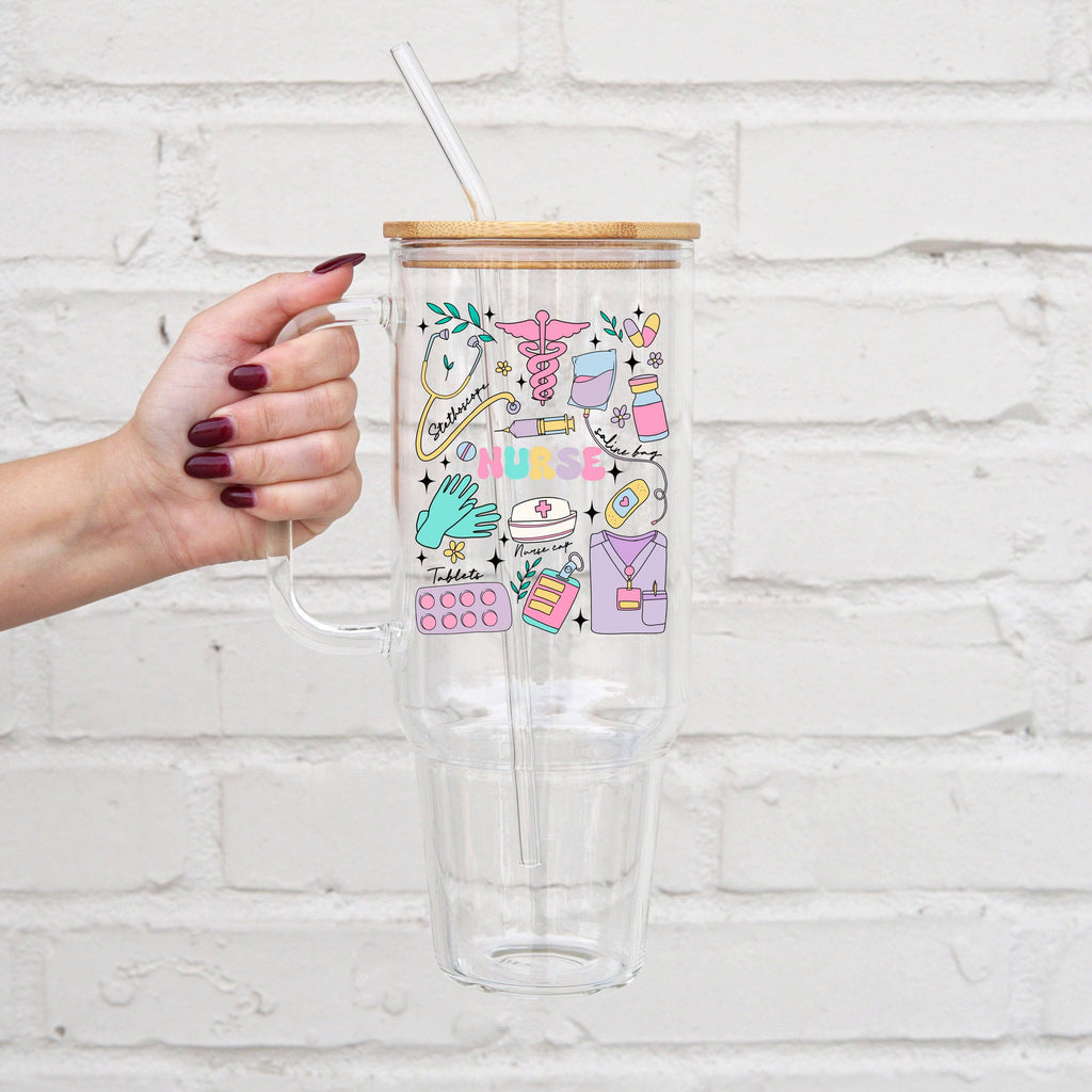 Sip-Sip Hooray! - Nurse 40oz Glass Tumbler With Lid and Straw