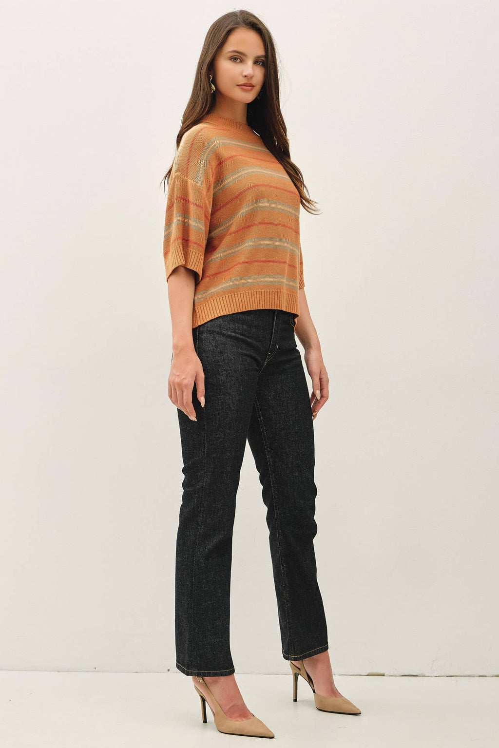 Be Cool - OVERSIZED CUT HALF SLEEVE STRIPED SWEATER