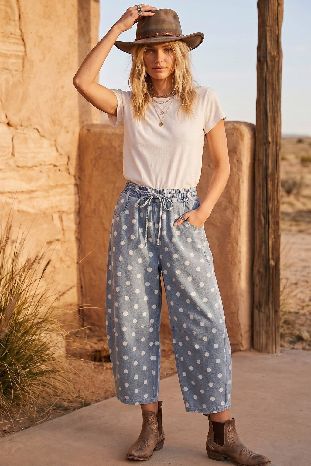 Polka Dot Denim Barrel Pants
