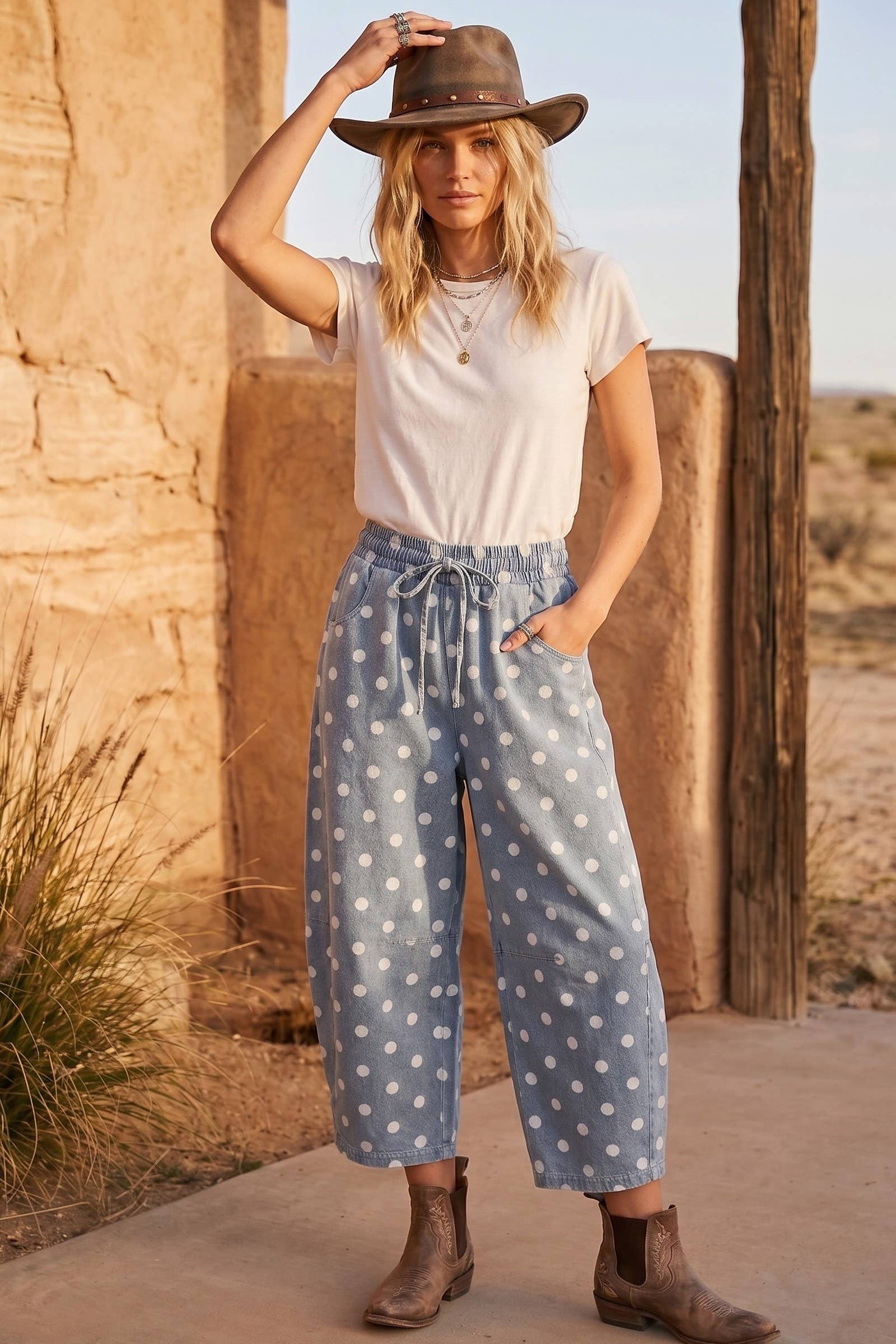 Polka Dot Denim Barrel Pants