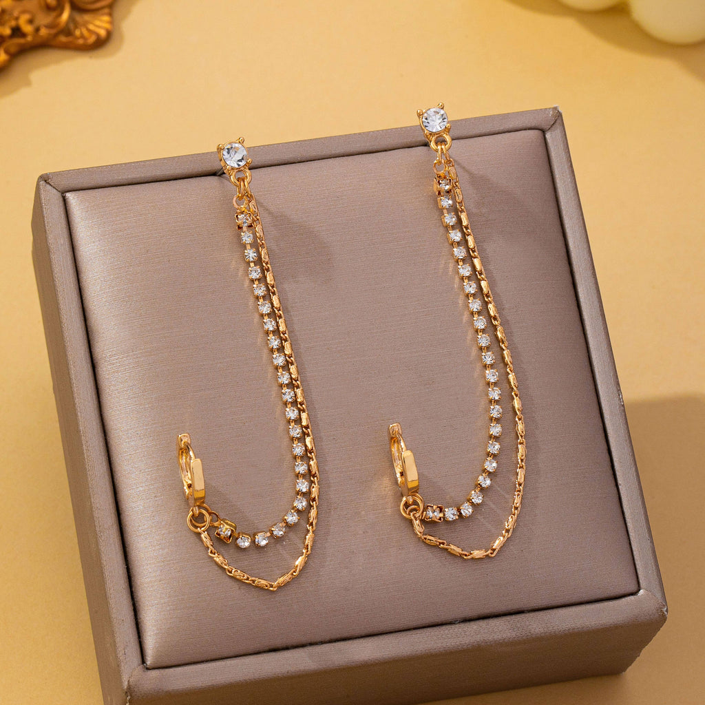Rhinestone & Gold Double Chain Earrings|80E63021