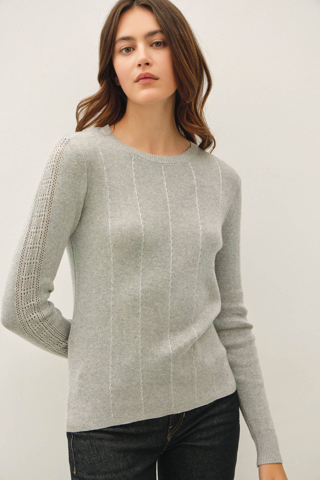 Be Cool - CROCHET SLEEVE POINTELLE FINE SWEATER