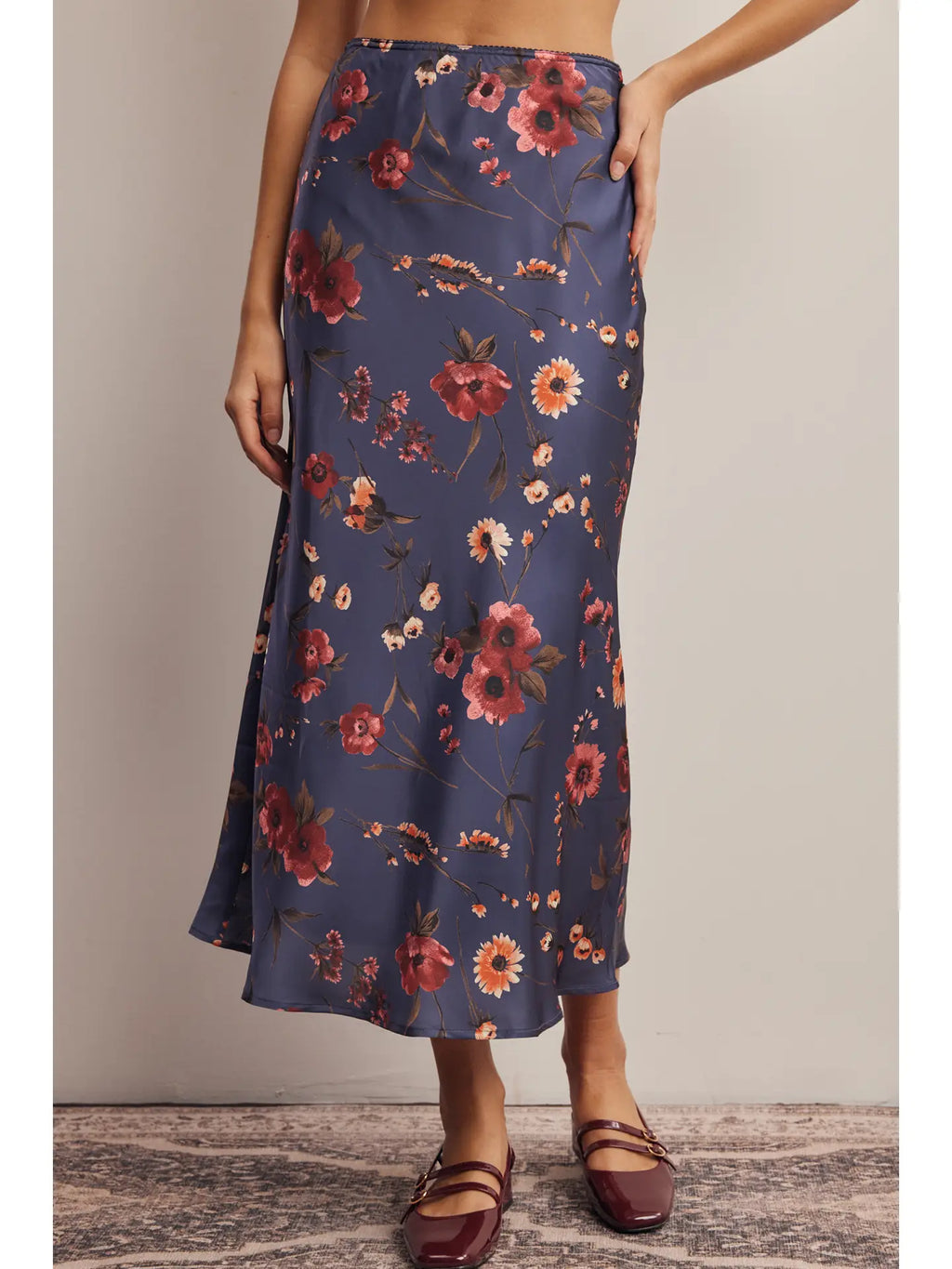 Floral Satin Midi Skirt