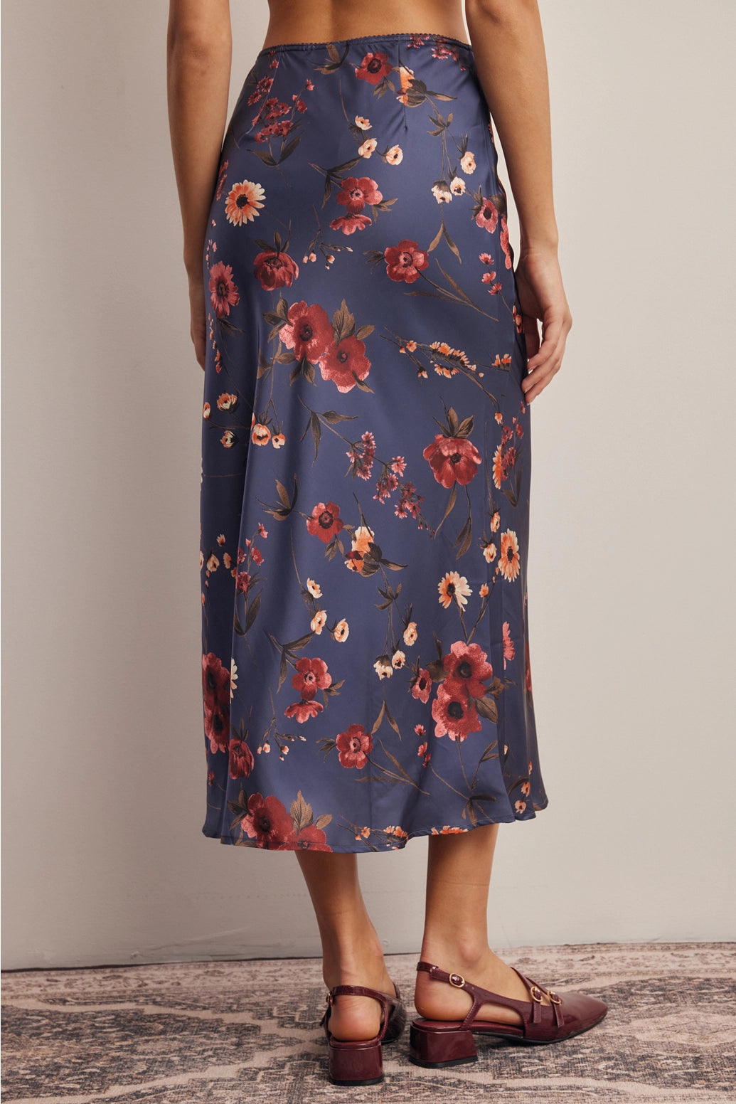 Floral Satin Midi Skirt