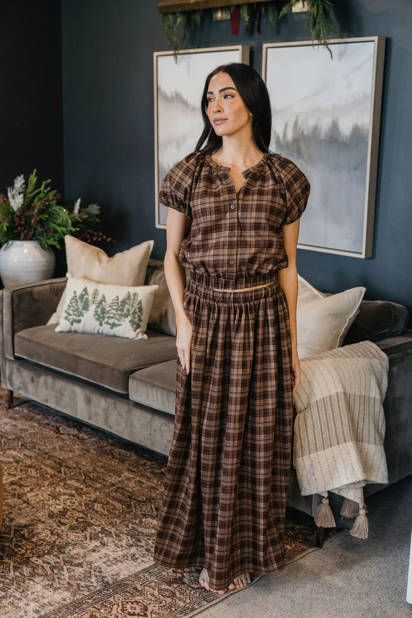 Gathered Midi Skirt in Winter Hearth Plaid
