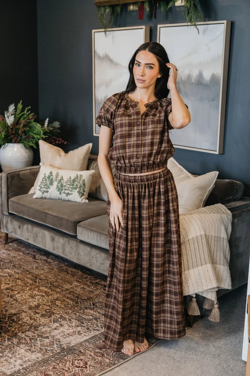 Gathered Midi Skirt in Winter Hearth Plaid