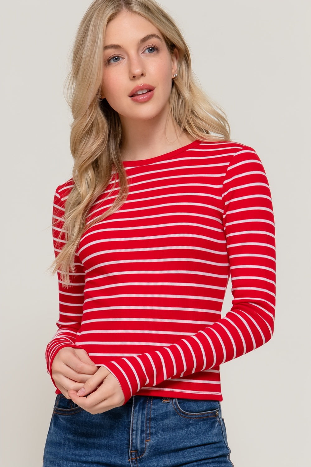 Striped Crew Neck Top Red/White