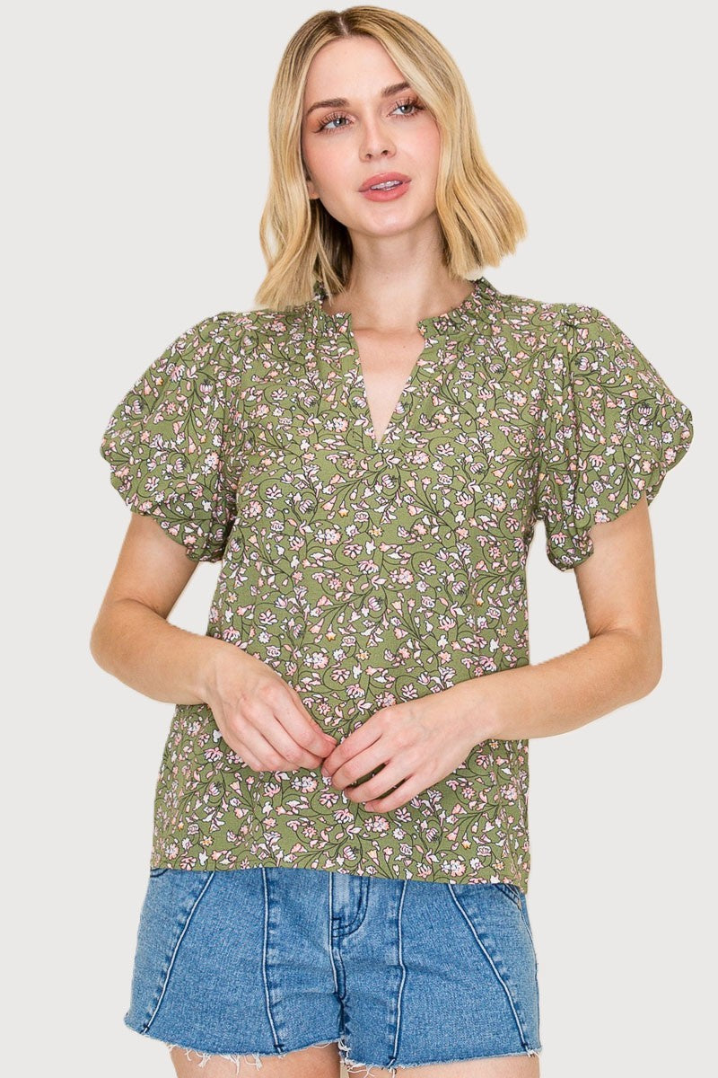 Olive Bubble Sleeve Top