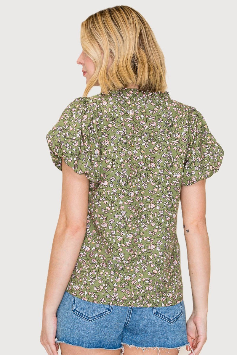 Olive Bubble Sleeve Top