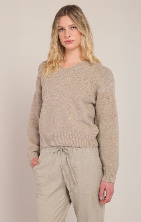 Soft Oatmeal Flower Sweater