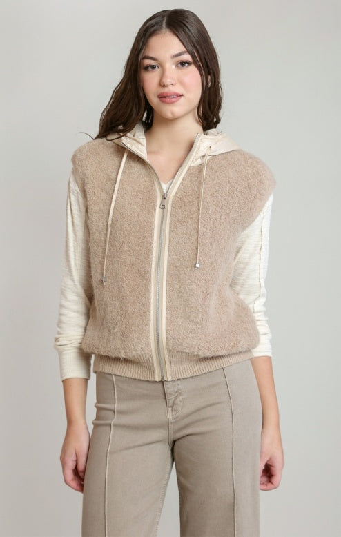 Beige Boucle Hooded Vest