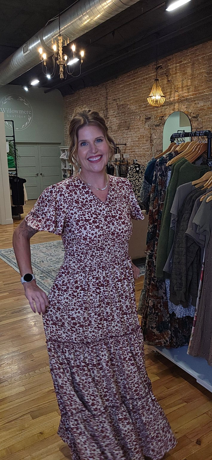 Lacy wearing the Mikarose Eden Maxi Dress in Yuletide Bloom, size small; full length view.