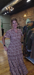 Lacy wearing the Mikarose Eden Maxi Dress in Yuletide Bloom, size small; full length view.